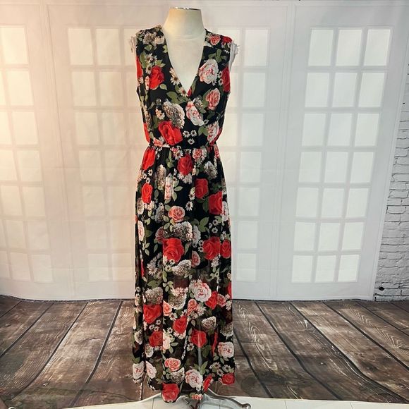 Disney beauty & the beast black red floral sleeveless maxi size medium - Picture 1 of 11